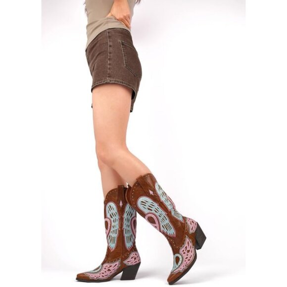 ⚡Women's Brown Western Cowgirl Boot Embroidery Angel Wings Mid Calf Pointed Toe - Picture 5 of 8